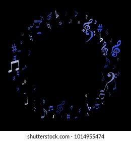 Blue flying musical notes frame isolated on black background. Cute musical notation symphony signs, notes for sound and tune music. Vector symbols round frame for melody recording, prints and frames.