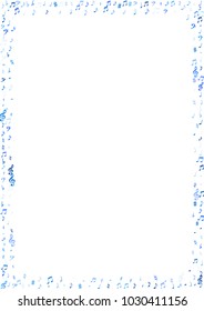 Blue flying musical notes frame isolated on white background. Stylish musical notation symphony signs, notes for sound and tune music. Vector symbols frame for melody recording, prints and back layers