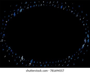 Blue flying musical notes frame isolated on black background. Fresh musical notation symphony signs, notes for sound and tune music. Vector symbols frame for melody recording, prints and frames.