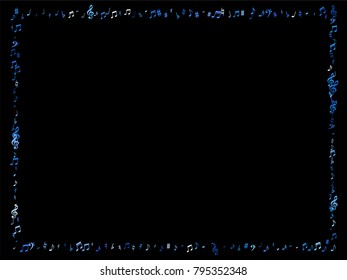 Blue flying musical notes frame isolated on black background. Cute musical notation symphony signs, notes for sound and tune music. Vector symbols 
frame for melody recording, prints and frames.