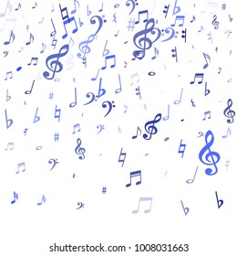 Blue flying musical notes isolated on white background. Cute musical notation symphony signs, notes for sound and tune music. Vector symbols for melody recording, prints and back layers.