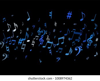 Blue flying musical notes isolated on black background. Stylish musical notation symphony signs, notes for sound and tune music. Vector symbols for melody recording, prints and frames.
