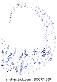 Blue flying musical notes isolated on white backdrop. Fresh musical notation symphony signs, notes for sound and tune music. Vector symbols for melody recording, prints and back layers.
