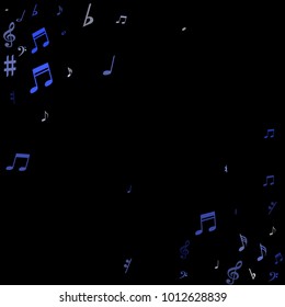 Blue flying musical notes isolated on black backdrop. Cute musical notation symphony signs, notes for sound and tune music. Vector symbols for melody recording, prints and frames.