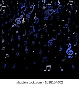 Blue flying musical notes isolated on black background. Fresh musical notation symphony signs, notes for sound and tune music. Vector symbols for melody recording, prints and frames.
