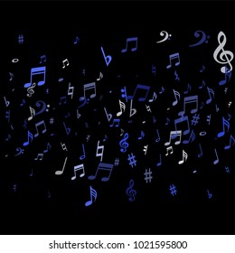 Blue flying musical notes isolated on black background. Fresh musical notation symphony signs, notes for sound and tune music. Vector symbols for melody recording, prints and frames.