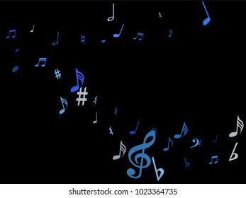 Blue flying musical notes isolated on black backdrop. Cute musical notation symphony signs, notes for sound and tune music. Vector symbols for melody recording, prints and frames.