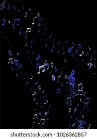 Blue flying musical notes isolated on black background. Fresh musical notation symphony signs, notes for sound and tune music. Vector symbols for melody recording, prints and frames.