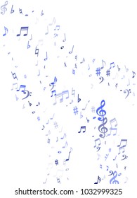 Blue flying musical notes isolated on white background. Cute musical notation symphony signs, notes for sound and tune music. Vector symbols for melody recording, prints and back layers.