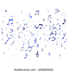 Blue flying musical notes isolated on white backdrop. Stylish musical notation symphony signs, notes for sound and tune music. Vector symbols for melody recording, prints and back layers.