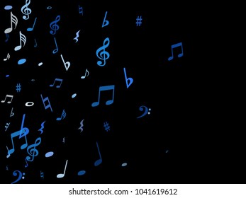 Blue flying musical notes isolated on black backdrop. Fresh musical notation symphony signs, notes for sound and tune music. Vector symbols for melody recording, prints and frames.