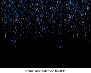Blue flying musical notes isolated on black background. Fresh musical notation symphony signs, notes for sound and tune music. Vector symbols for melody recording, prints and frames.