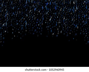 Blue flying musical notes isolated on black backdrop. Cute musical notation symphony signs, notes for sound and tune music. Vector symbols for melody recording, prints and frames.