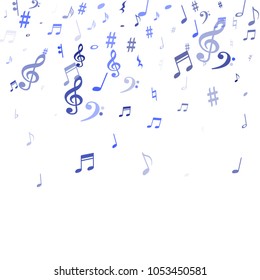 Blue flying musical notes isolated on white backdrop. Cute musical notation symphony signs, notes for sound and tune music. Vector symbols for melody recording, prints and back layers.