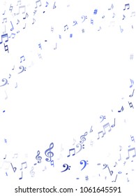 Blue flying musical notes isolated on white background. Stylish musical notation symphony signs, notes for sound and tune music. Vector symbols for melody recording, prints and back layers.