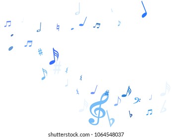 Blue flying musical notes isolated on white backdrop. Stylish musical notation symphony signs, notes for sound and tune music. Vector symbols for melody recording, prints and back layers.