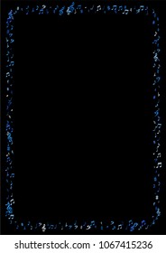 Blue flying musical notes isolated on black background. Fresh musical notation symphony signs, notes for sound and tune music. Vector symbols for melody recording, prints and frames.