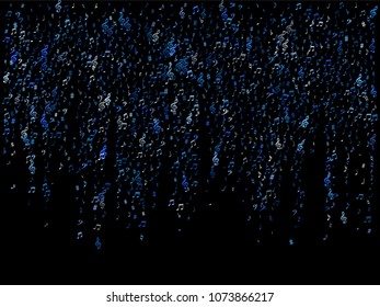 Blue flying musical notes isolated on black backdrop. Fresh musical notation symphony signs, notes for sound and tune music. Vector symbols for melody recording, prints and frames.