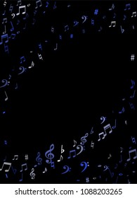 Blue flying musical notes isolated on black backdrop. Cute musical notation symphony signs, notes for sound and tune music. Vector symbols for melody recording, prints and frames.