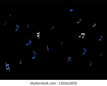 Blue flying musical notes isolated on black background. Fresh musical notation symphony signs, notes for sound and tune music. Vector symbols for melody recording, prints and frames.