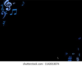 Blue flying musical notes isolated on black background. Fresh musical notation symphony signs, notes for sound and tune music. Vector symbols for melody recording, prints and frames.