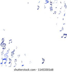 Blue flying musical notes isolated on white backdrop. Stylish musical notation symphony signs, notes for sound and tune music. Vector symbols for melody recording, prints and back layers.