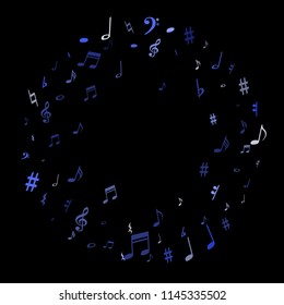 Blue flying musical notes isolated on black backdrop. Stylish musical notation symphony signs, notes for sound and tune music. Vector symbols for melody recording, prints and frames.