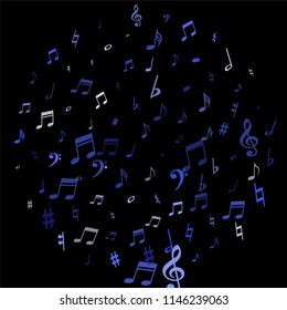 Blue flying musical notes isolated on black backdrop. Stylish musical notation symphony signs, notes for sound and tune music. Vector symbols for melody recording, prints and frames.