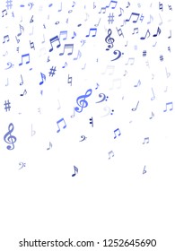 Blue flying musical notes isolated on white background. Fresh musical notation symphony signs, notes for sound and tune music. Vector symbols for melody recording, prints and back layers.