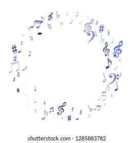 Blue flying musical notes isolated on white backdrop. Cute musical notation symphony signs, notes for sound and tune music. Vector symbols for melody recording, prints and back layers.