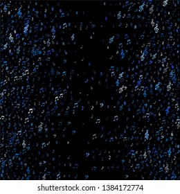 Blue flying musical notes isolated on black backdrop. Fresh musical notation symphony signs, notes for sound and tune music. Vector symbols for melody recording, prints and frames.