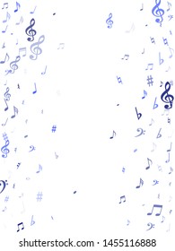 Blue flying musical notes isolated on white background. Fresh musical notation symphony signs, notes for sound and tune music. Vector symbols for melody recording, prints and back layers.