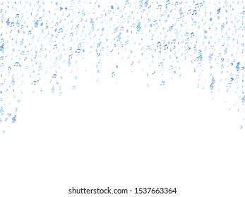 Blue flying musical notes isolated on white backdrop. Fresh musical notation symphony signs, notes for sound and tune music. Vector symbols for melody recording, prints and back layers.