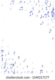 Blue flying musical notes isolated on white backdrop. Cute musical notation symphony signs, notes for sound and tune music. Vector symbols for melody recording, prints and back layers.