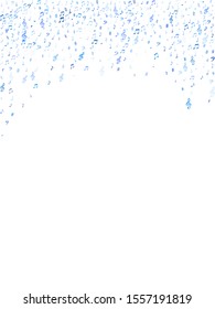 Blue flying musical notes isolated on white backdrop. Fresh musical notation symphony signs, notes for sound and tune music. Vector symbols for melody recording, prints and back layers.