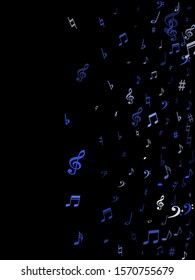 Blue flying musical notes isolated on black backdrop. Stylish musical notation symphony signs, notes for sound and tune music. Vector symbols for melody recording, prints and frames.