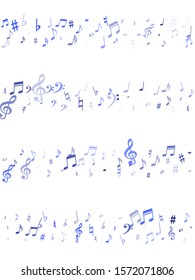 Blue flying musical notes isolated on white backdrop. Stylish musical notation symphony signs, notes for sound and tune music. Vector symbols for melody recording, prints and back layers.