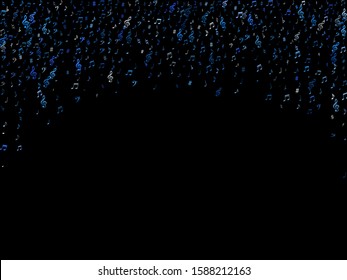 Blue flying musical notes isolated on black background. Fresh musical notation symphony signs, notes for sound and tune music. Vector symbols for melody recording, prints and frames.