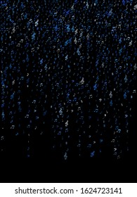 Blue flying musical notes isolated on black background. Fresh musical notation symphony signs, notes for sound and tune music. Vector symbols for melody recording, prints and frames.