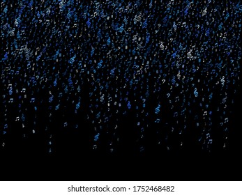 Blue flying musical notes isolated on black background. Fresh musical notation symphony signs, notes for sound and tune music. Vector symbols for melody recording, prints and frames.