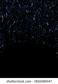 Blue flying musical notes isolated on black backdrop. Cute musical notation symphony signs, notes for sound and tune music. Vector symbols for melody recording, prints and frames.