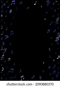 Blue flying musical notes isolated on black backdrop. Stylish musical notation symphony signs, notes for sound and tune music. Vector symbols for melody recording, prints and frames.
