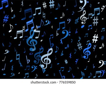 Blue flying musical notes isolated on black backdrop. Cute musical notation symphony signs, notes for sound and tune music. Vector symbols for melody recording, prints and frames.
