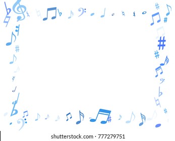 Blue flying musical notes isolated on white background. Fresh musical notation symphony signs, notes for sound and tune music. Vector symbols for melody recording, prints and back layers.