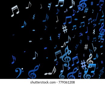 Blue flying musical notes isolated on black backdrop. Cute musical notation symphony signs, notes for sound and tune music. Vector symbols for melody recording, prints and frames.