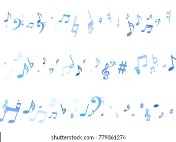 Blue flying musical notes isolated on white background. Cute musical notation symphony signs, notes for sound and tune music. Vector symbols for melody recording, prints and back layers.