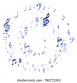 Blue flying musical notes isolated on white backdrop. Cute musical notation symphony signs, notes for sound and tune music. Vector symbols for melody recording, prints and back layers.
