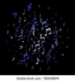 Blue flying musical notes isolated on black backdrop. Stylish musical notation symphony signs, notes for sound and tune music. Vector symbols for melody recording, prints and frames.