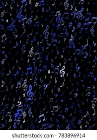 Blue flying musical notes isolated on black background. Stylish musical notation symphony signs, notes for sound and tune music. Vector symbols for melody recording, prints and frames.