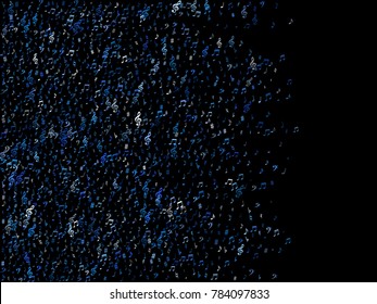 Blue flying musical notes isolated on black background. Stylish musical notation symphony signs, notes for sound and tune music. Vector symbols for melody recording, prints and frames.